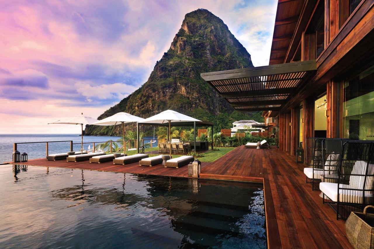 view from Sugar Beach resort pool area towards the Pitons