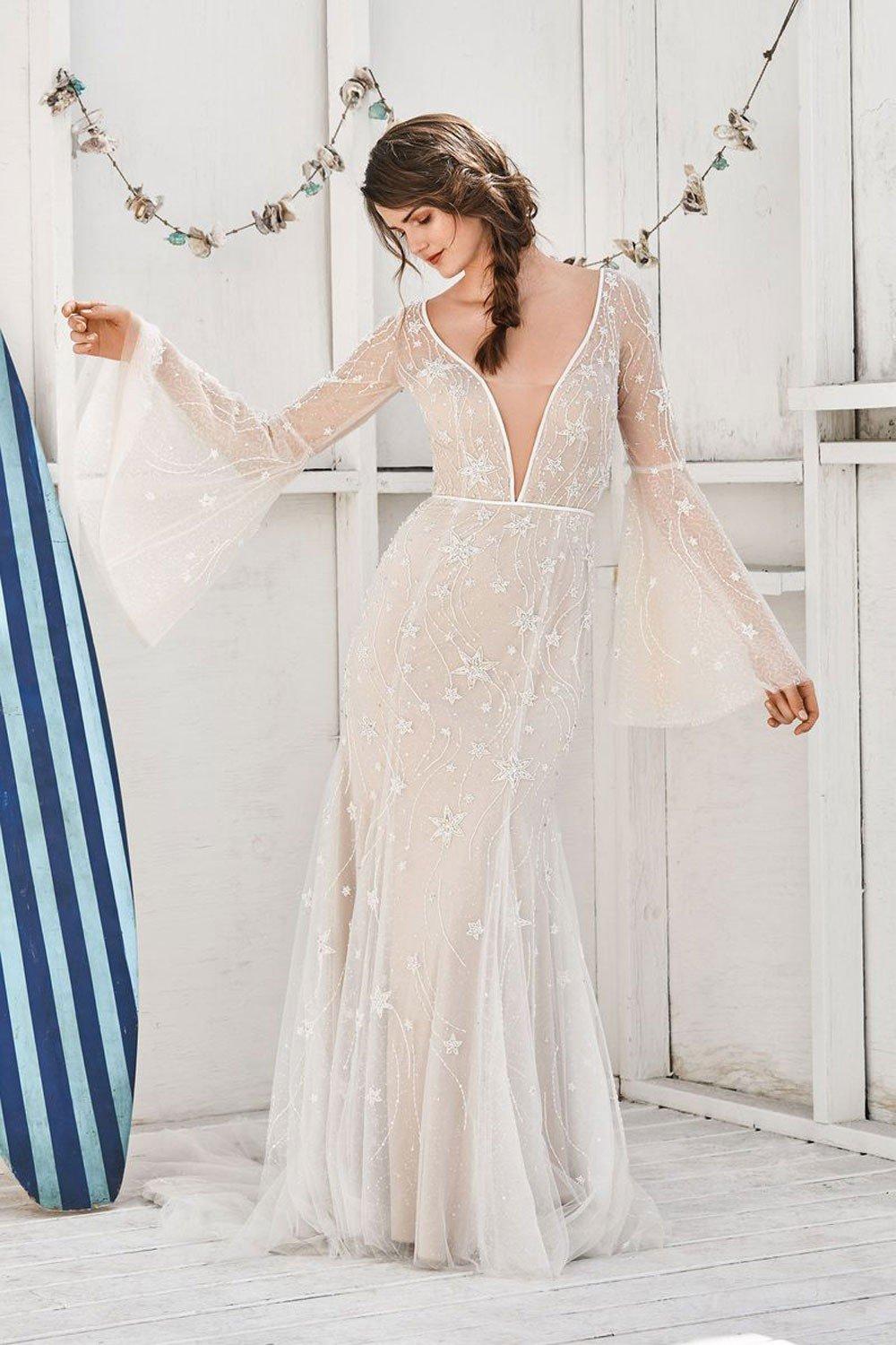 Style Cecile: Plunging V-Neck Fit and Flare Wedding Dress with Illusion  Train