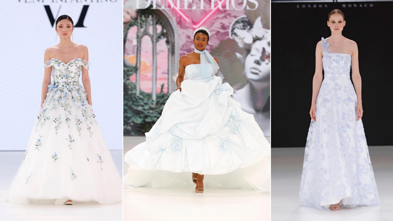 three blue wedding dresses