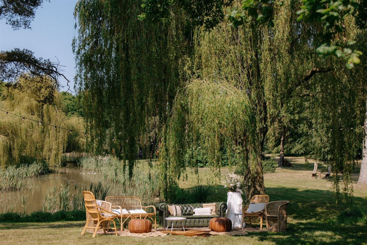 Outdoor seating area set up under willow tree