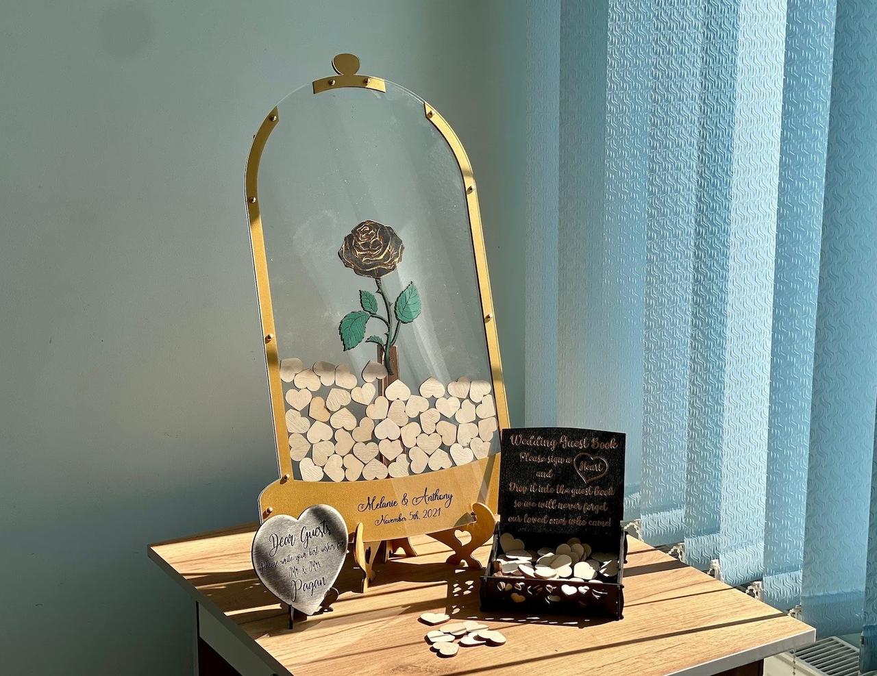 Wedding guest book box with a rose and wooden hearts