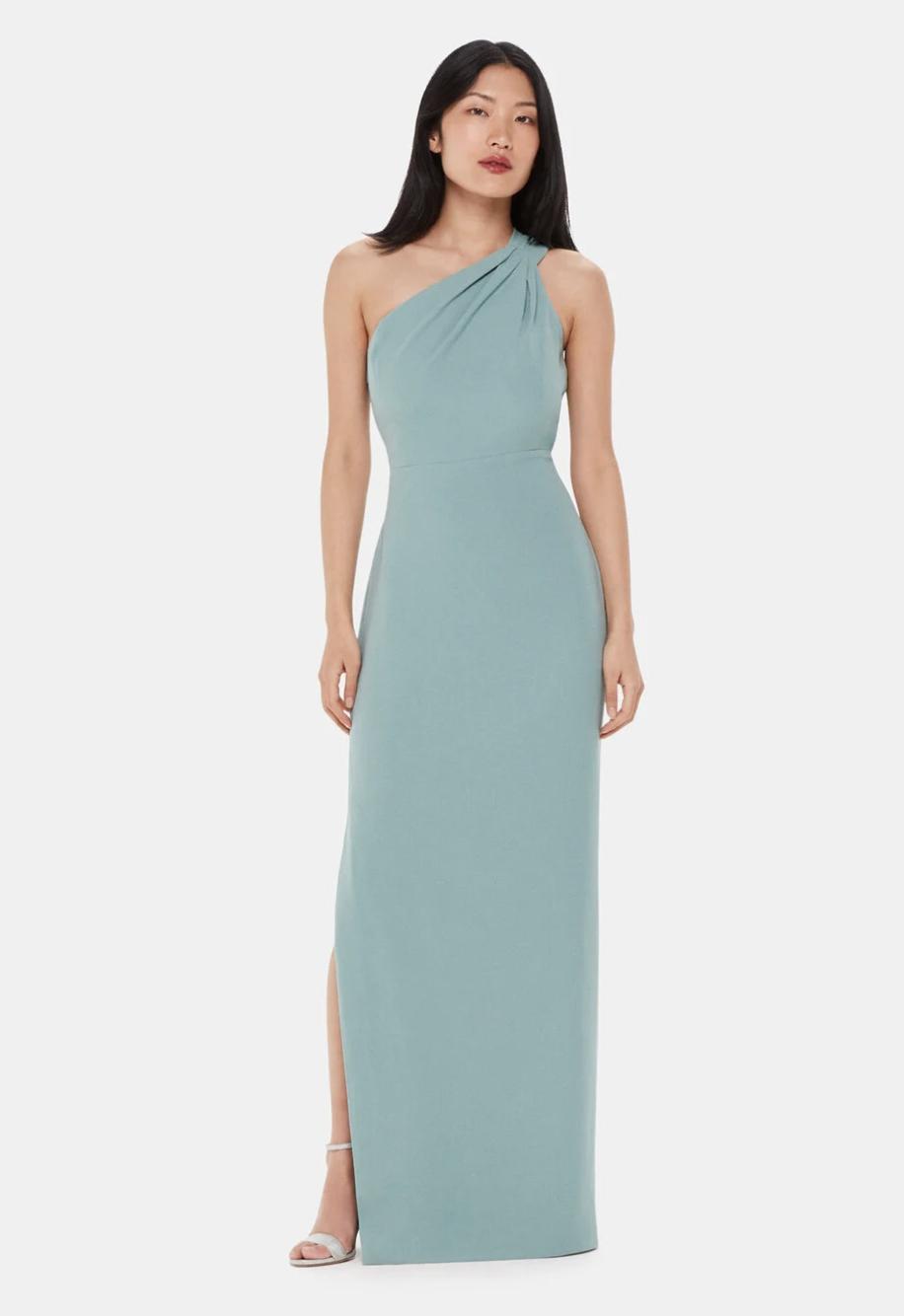 one shoulder sage green bridesmaid dress from Whistles