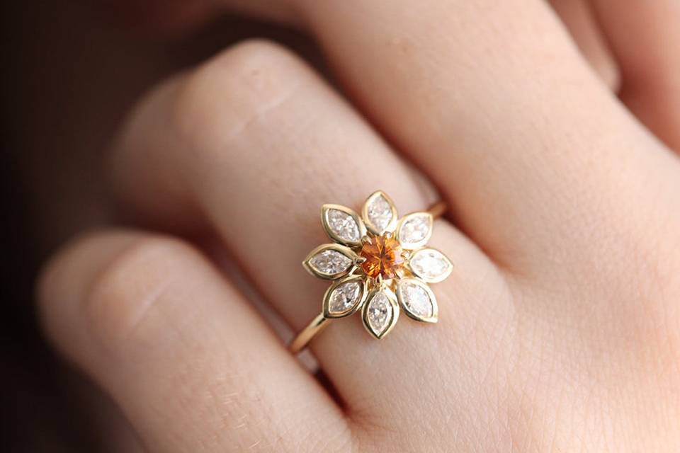 Women's Silver Ring | Flower With Green Leaves Design | Silveradda