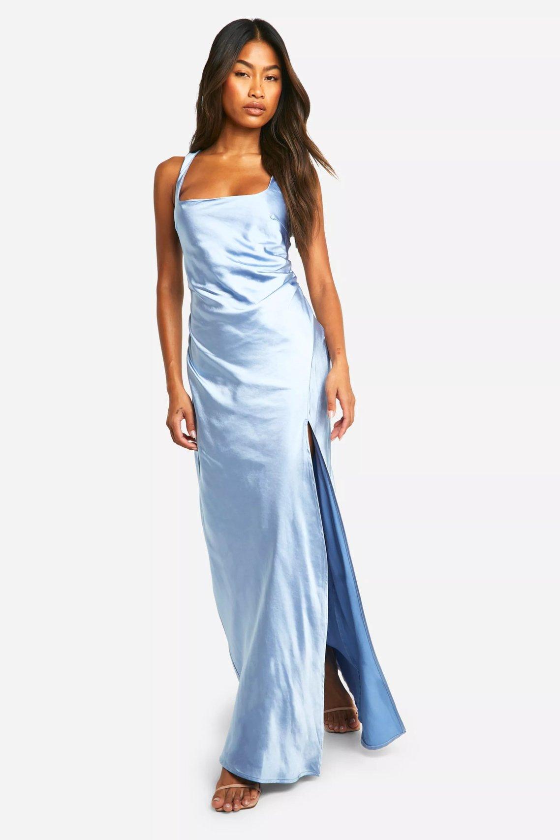 beaded blue bridesmaid dresses Off Shoulder Dress Falling to a full V neck wedding dress Women's Black Satin Ruched Size:- XS (4-6)