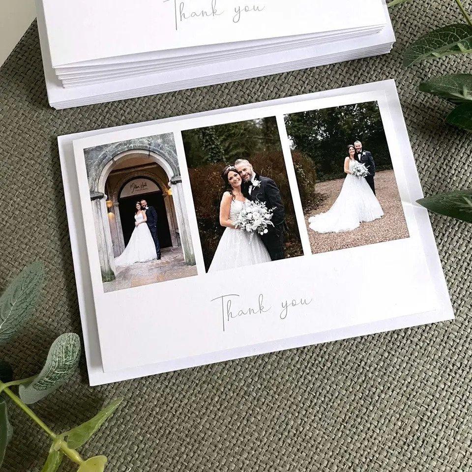 White thank you card with three pictures of the bride and groom