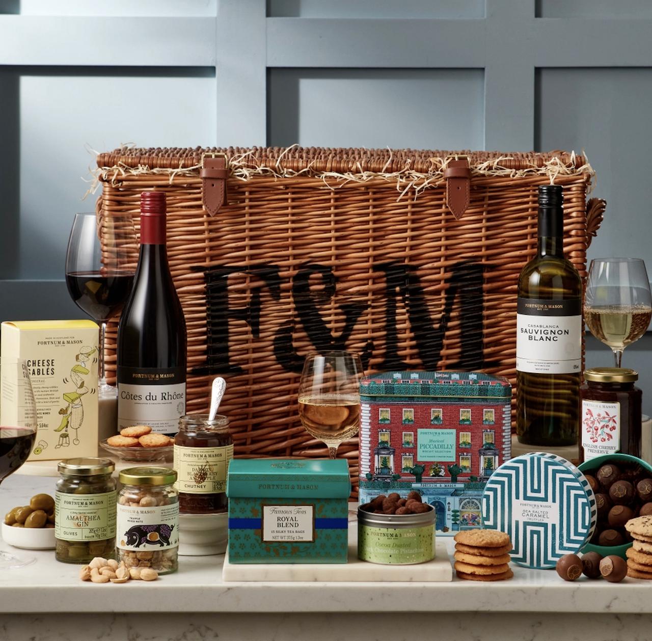 luxury hamper filled with wine biscuits and preserves from Fortnum and Mason's