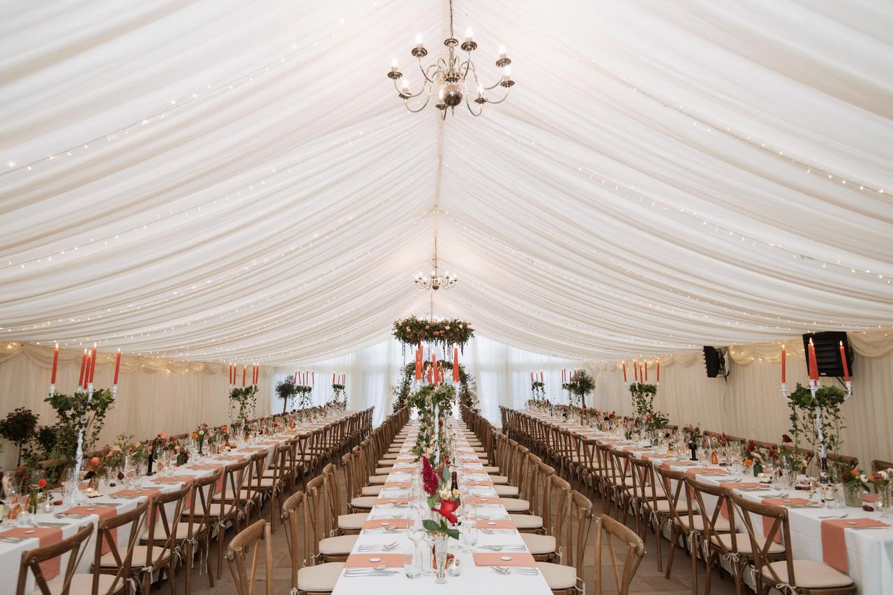 Wedding breakfast in bespoke marquee at Burningfold, Surrey
