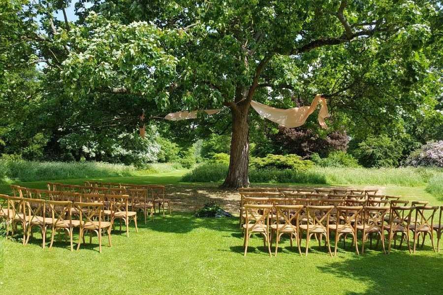 Outdoor ceremony setting at Northamptonshire wedding venue Courteenhall Estate