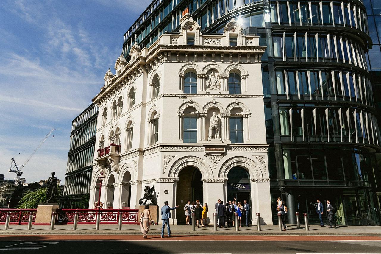Exterior of a bar and restaurant wedding venue in London housed inside an historic building.