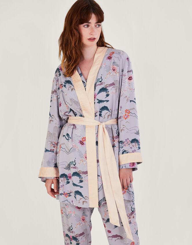 A lilac kimono style robe with a bird and floral print motif