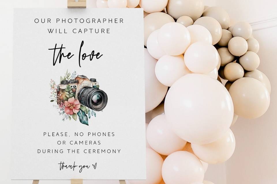 an unplugged wedding ceremony sign with a camera and floral illustration sat on an easel with pastel pink balloons in the background