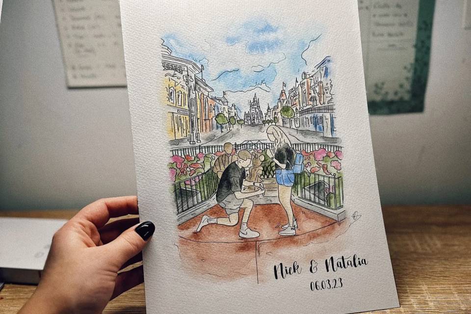 woman holding an engagement gift of a personalised watercolour print