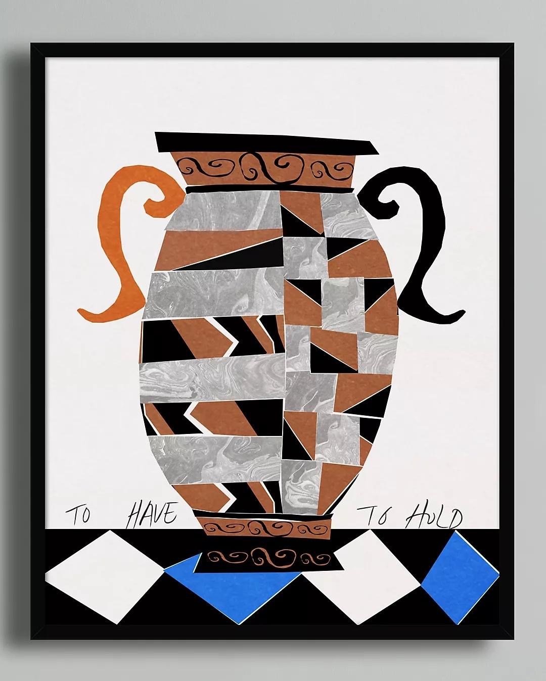 An art print featuring the image of a clay pot created using a mosaic technique in terracotta, grey and black. The words 