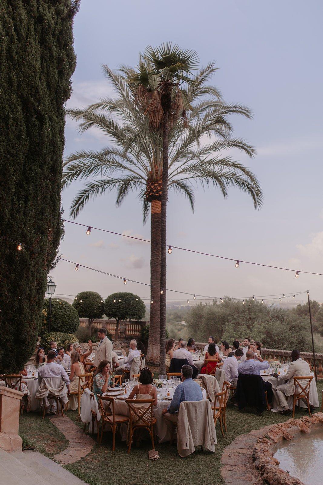 Josie and Cameron's wedding guests seated at the outdoor wedding reception under festoon lighting