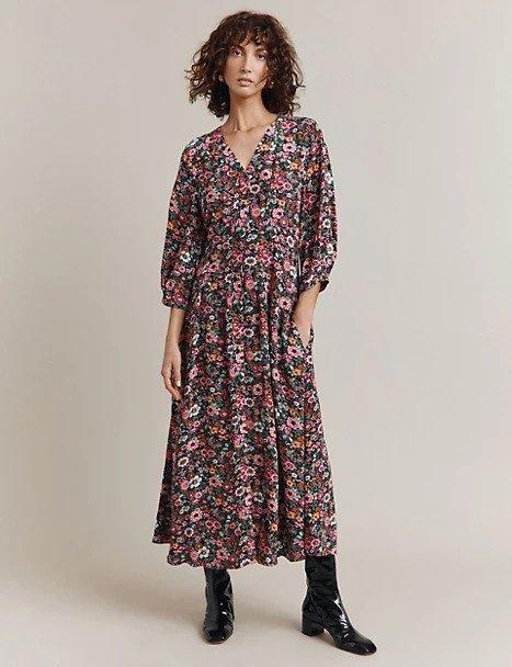 Midaxi length floral crepe tea dress with long sleeves