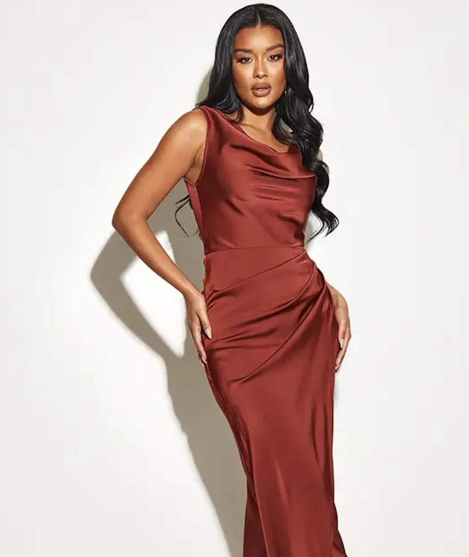 rust coloured bridesmaid dress in satin from BooHoo