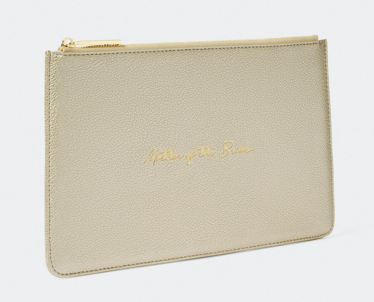A pebble-coloured faux leather pouch with the words 'mother of the bride' printed in gold lettering.