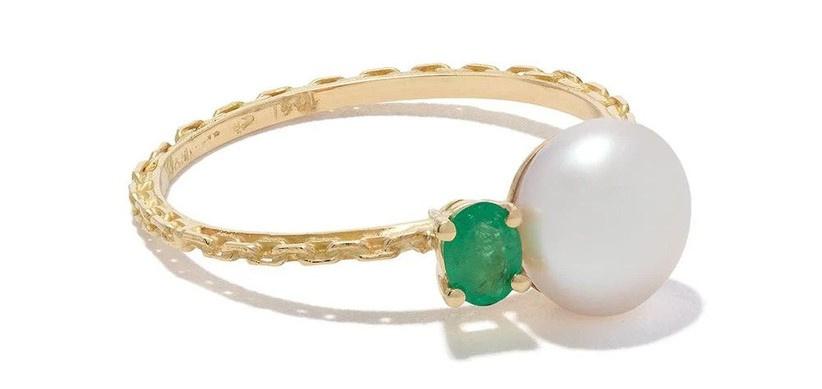 Pearl and emerald engagement ring