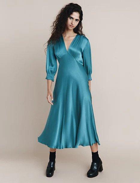 Satin empire line midi dress in a teal blue shade