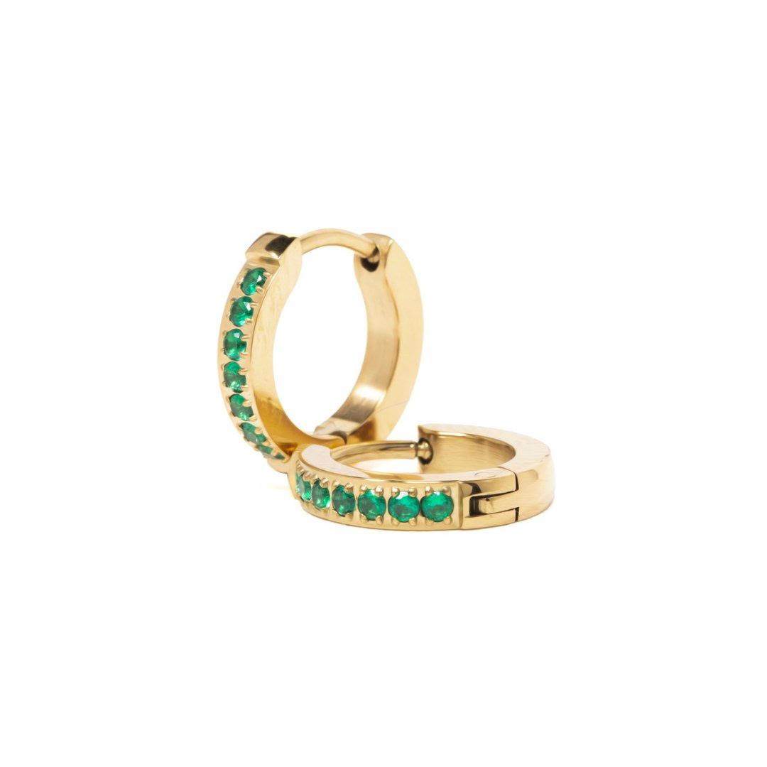 Gold huggie hoops with emeralds