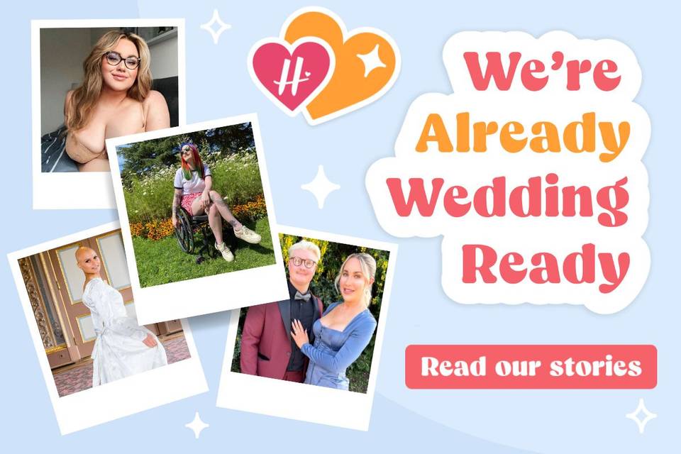 Polaroid style photos of the already wedding ready story tellers on a blue background