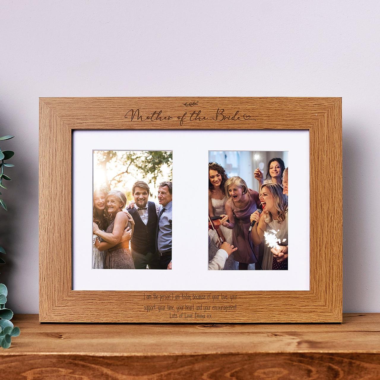 A wooden double photo frame featuring the mother of the bride in two wedding shots. The frame has a personal message engraved at the bottom.