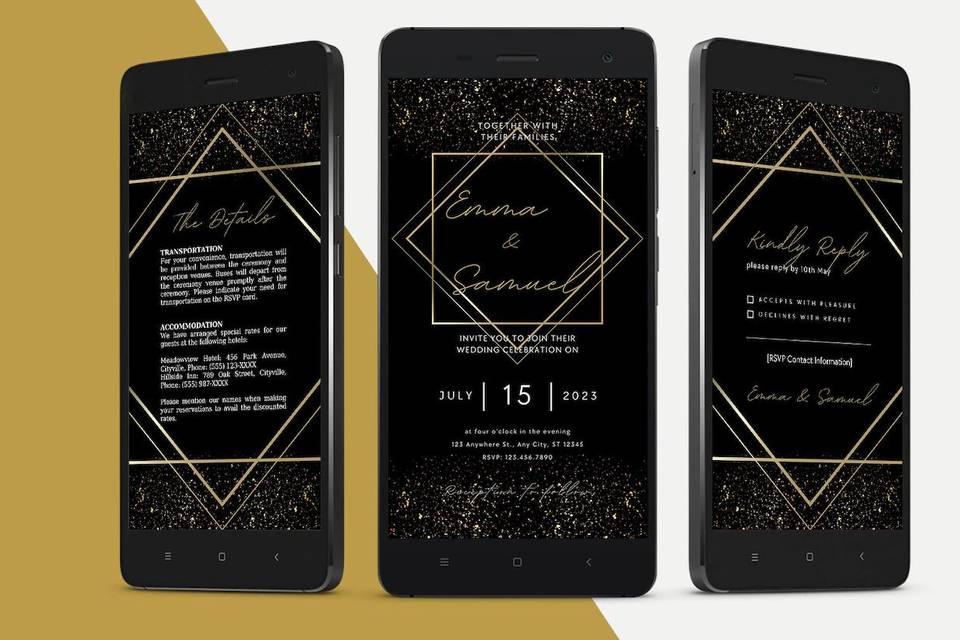 three iPhones with celestial digital wedding invitation designs on them against a diagonal white and gold background