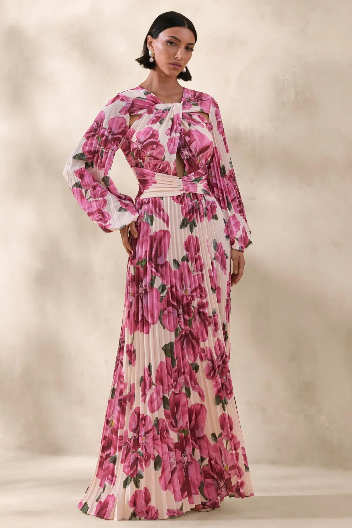 Club L London Rionna Pink Hibiscus Print High-Neck Maxi Dress With Cut-Out Detailing 