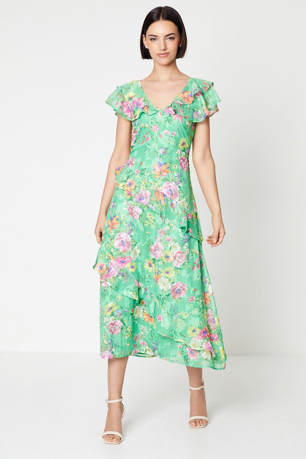 Green Satin Midi Dress - Floral Satin Midi Dress - Brocade Dress