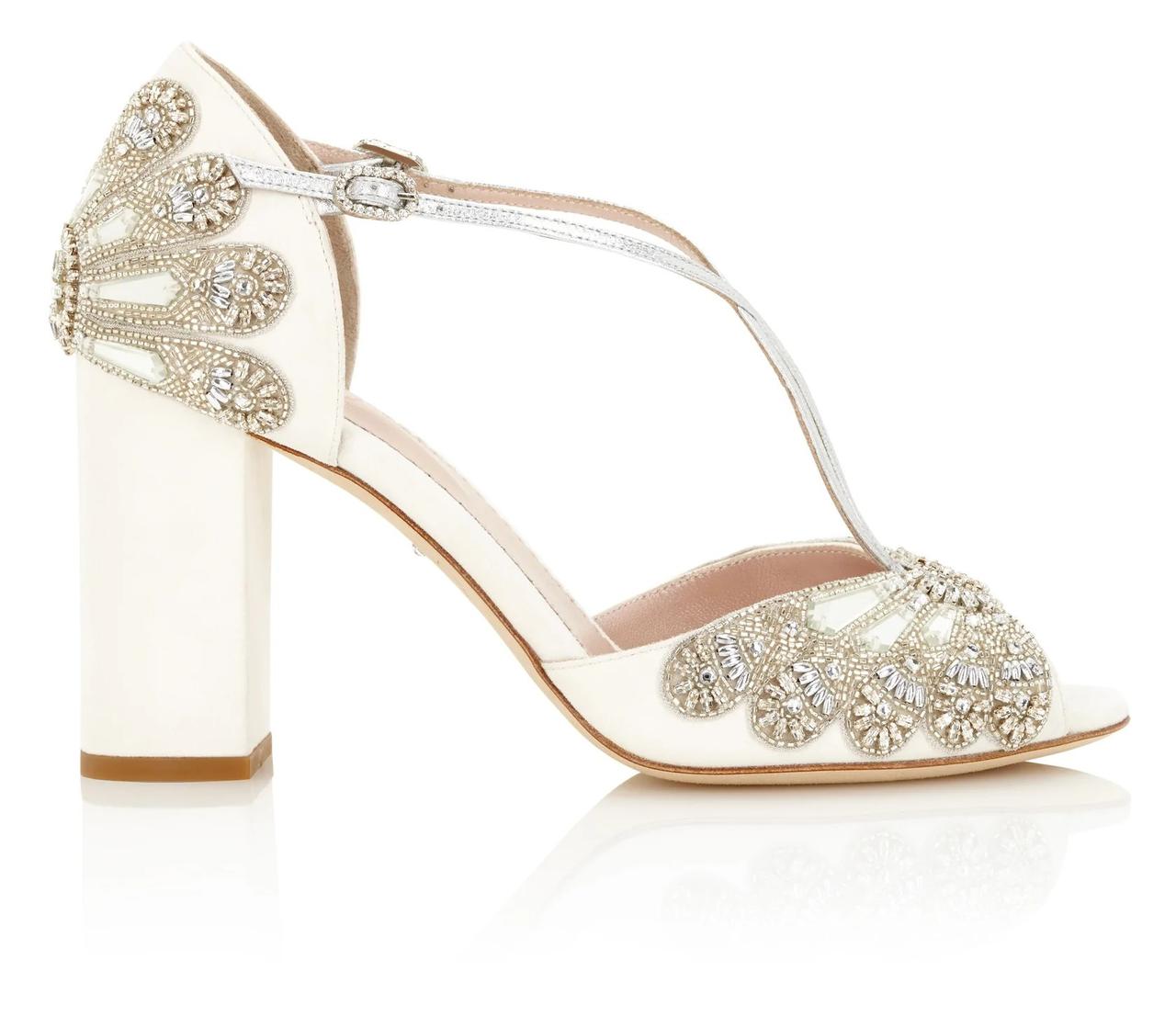Slingback Pearl Wedding Shoes with Bow and Block Heel