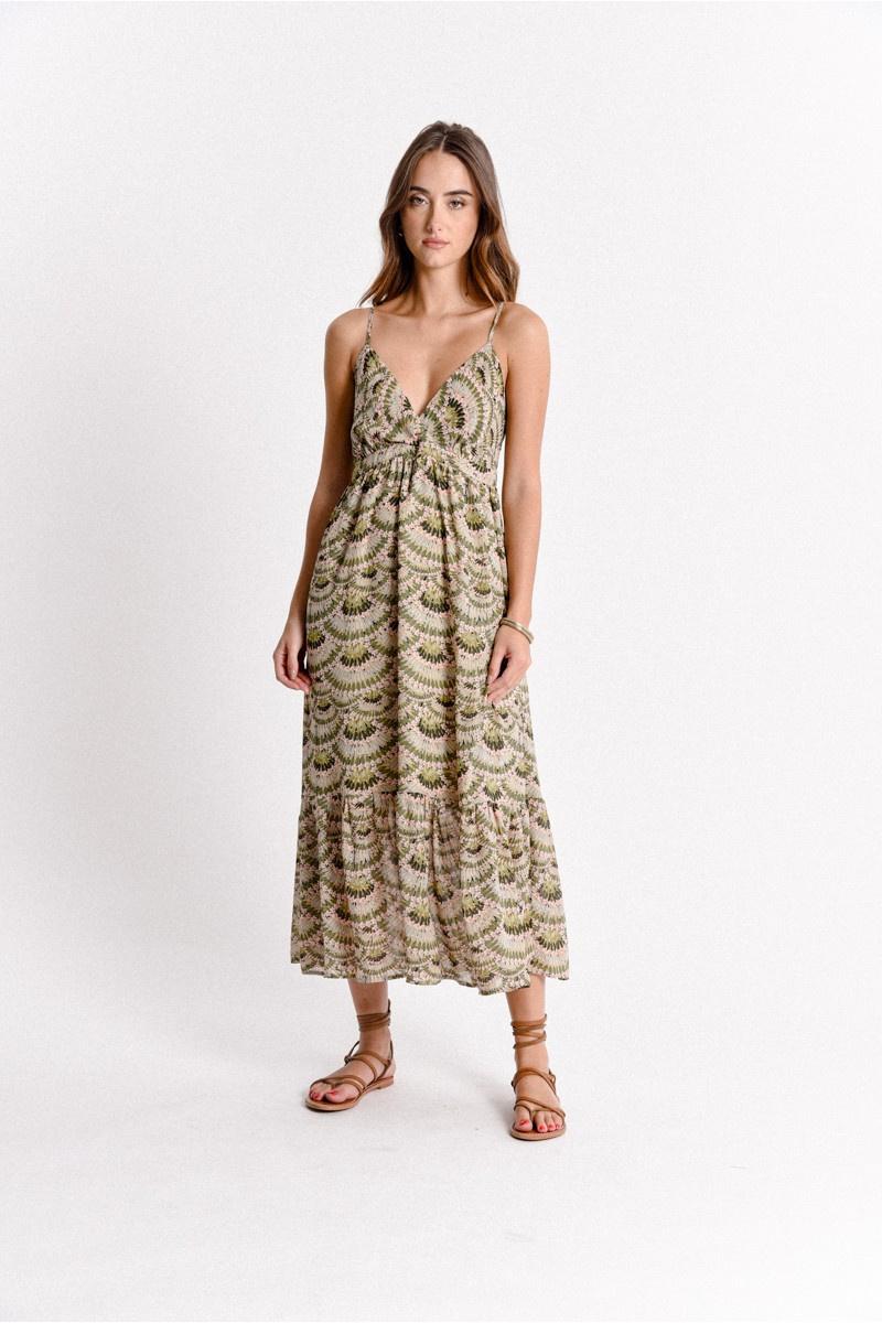 Model wearing a sun dress in khaki and pink with a geometric print