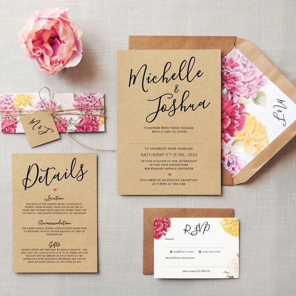 Yellow and pink floral wedding invitations