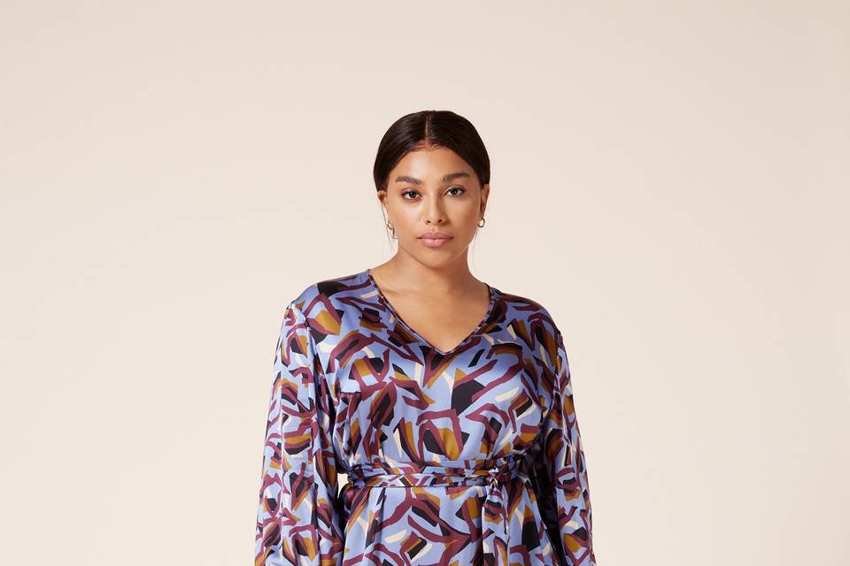 Blue v-neck dress with purple and yellow abstract pattern
