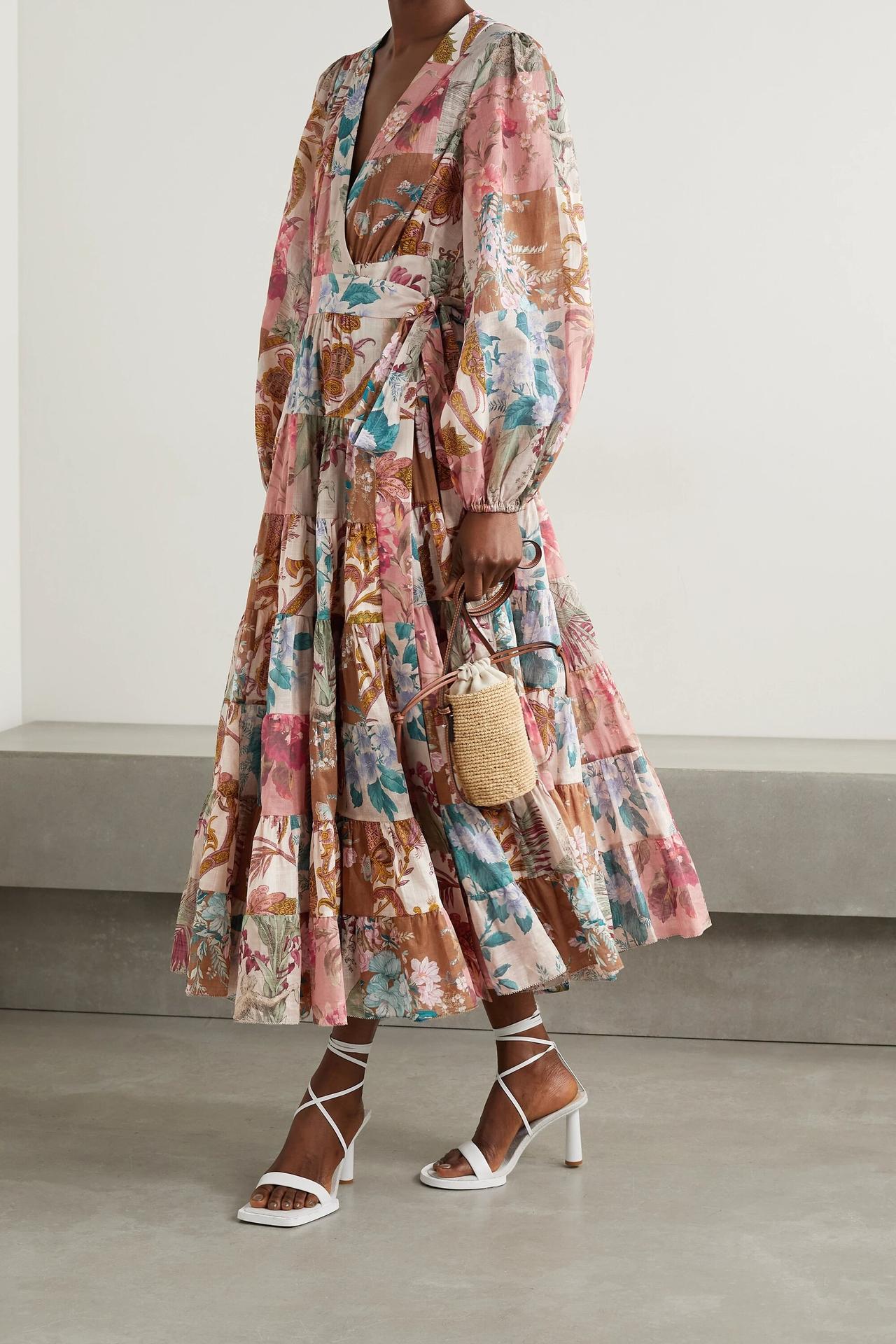 Model wearing a patchwork wedding guest dress