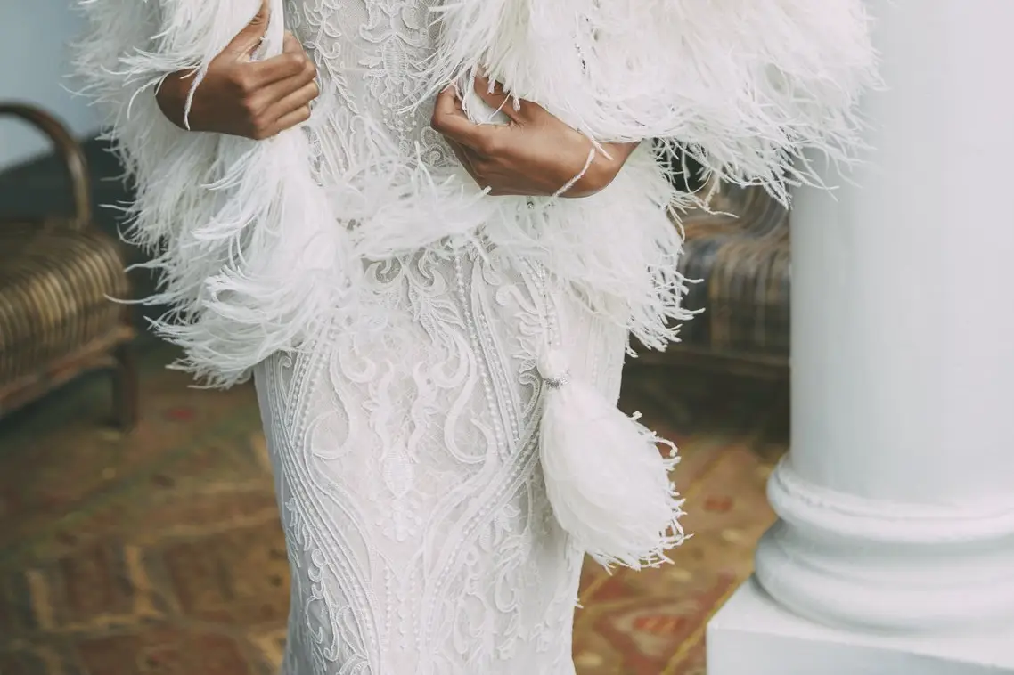 Monique Lhuillier Beaded Ostrich Feather Gown, Blush  Feather gown, Bridal  dresses, Wedding dress with feathers