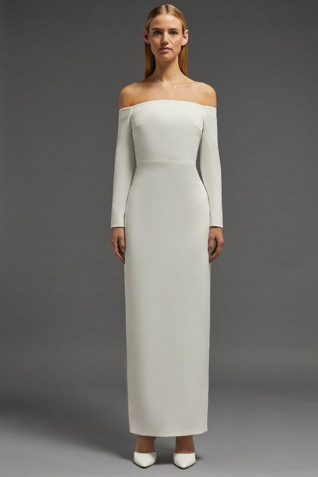 bardot simple wedding dress with long sleeves and column silhouette