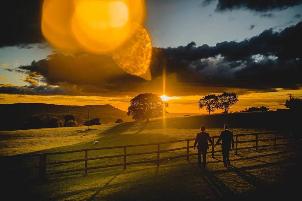 Grooms holding hands at sunset