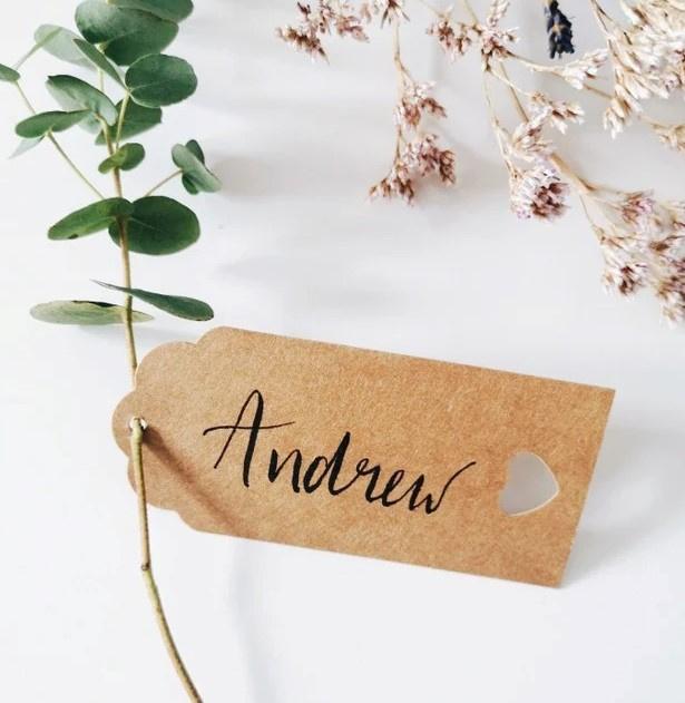 Rustic brown Kraft card name tag with the 'Andrew'