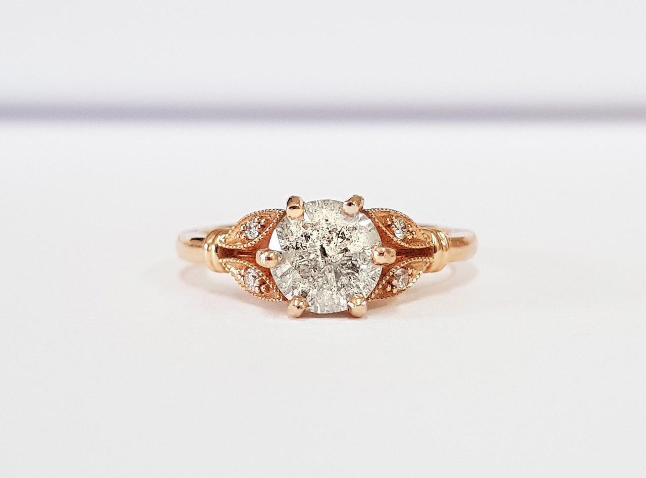 Floral salt and pepper diamond engagement ring