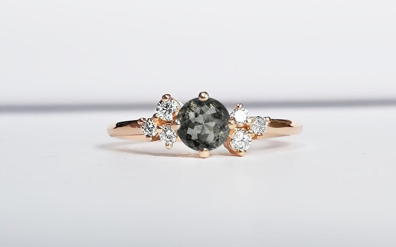 Salt and pepper diamond cluster engagement ring