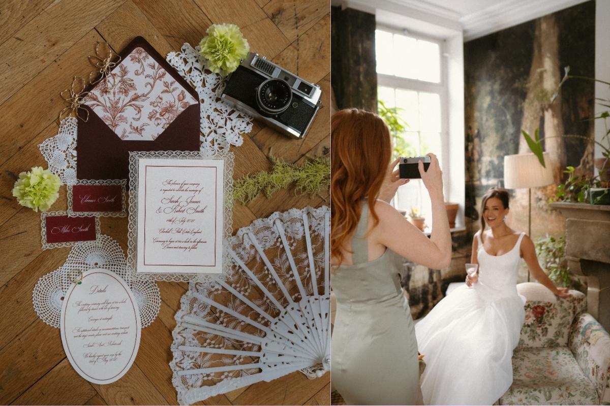 a bride posing for a her picture with a polaroid camera next to a display on nostalgic wedding items like a vintage camera, a fan and stationery