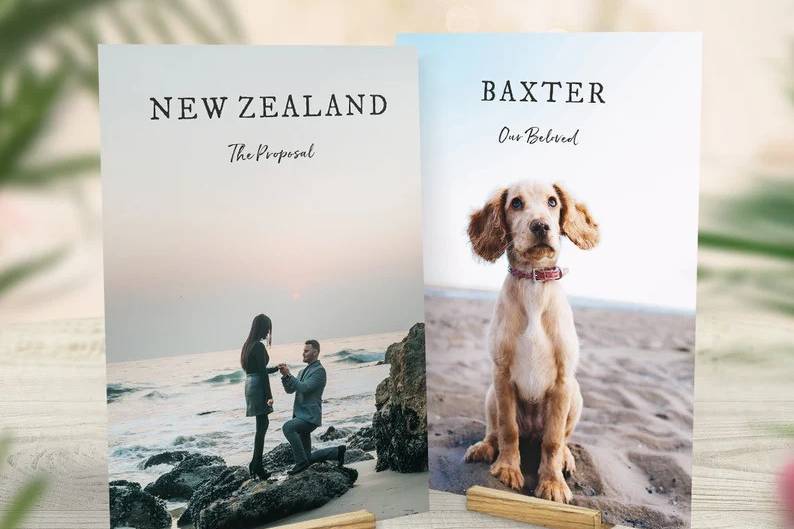 Photo wedding table name cards with a pet dog and a proposal