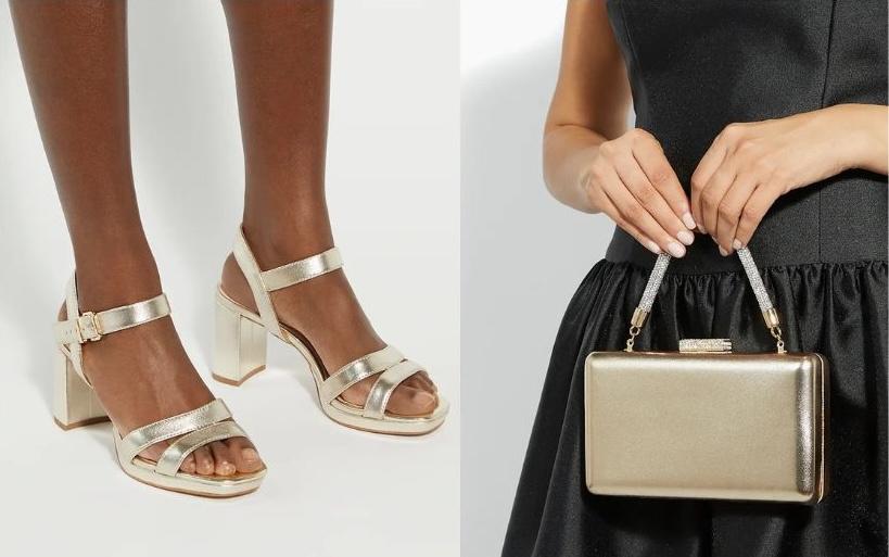 Manifesting Gold Block Heel Sandals & Beauty Evening Bag – Dune London