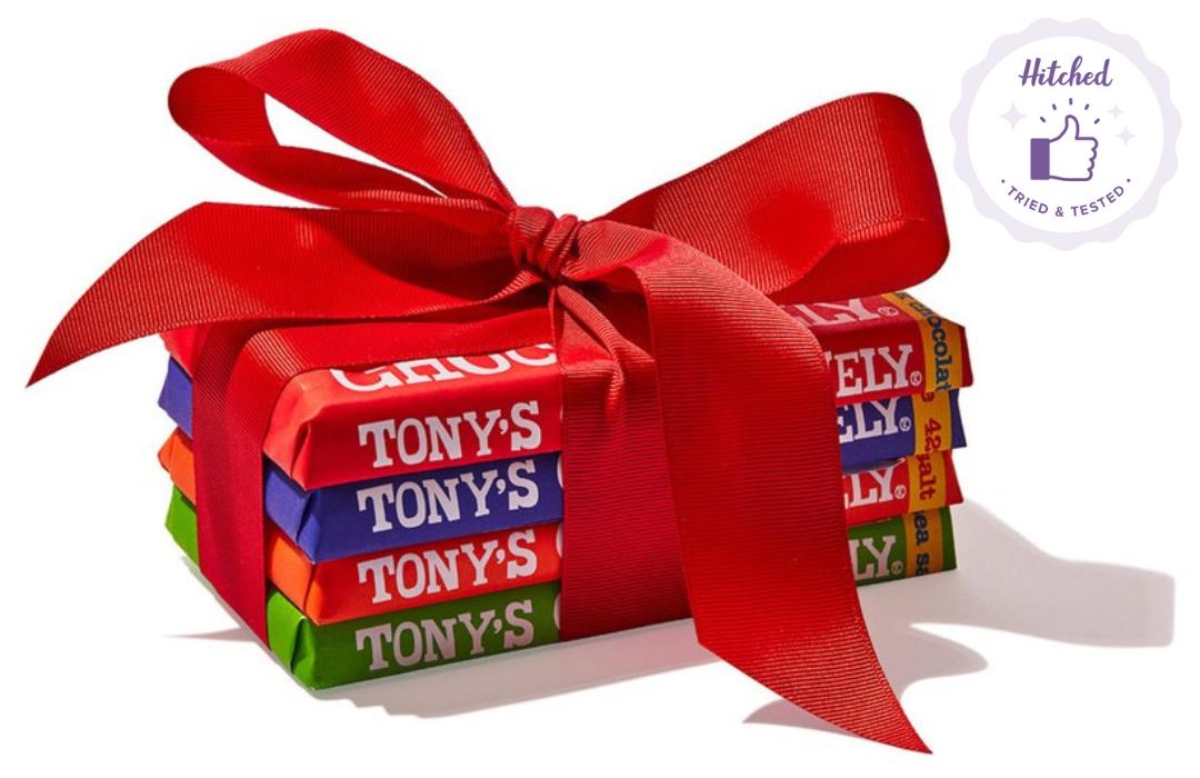 Tony's chocolate bars wrapped in a red ribbon