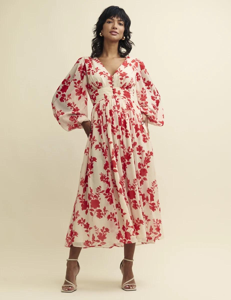 Whistles cotton belted midi dress with balloon sleeve in bold red