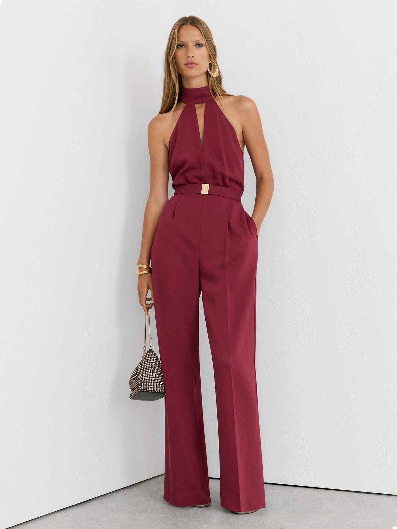  Jodie Petite Halterneck Belted Wide-Leg Jumpsuit in Red – Reiss