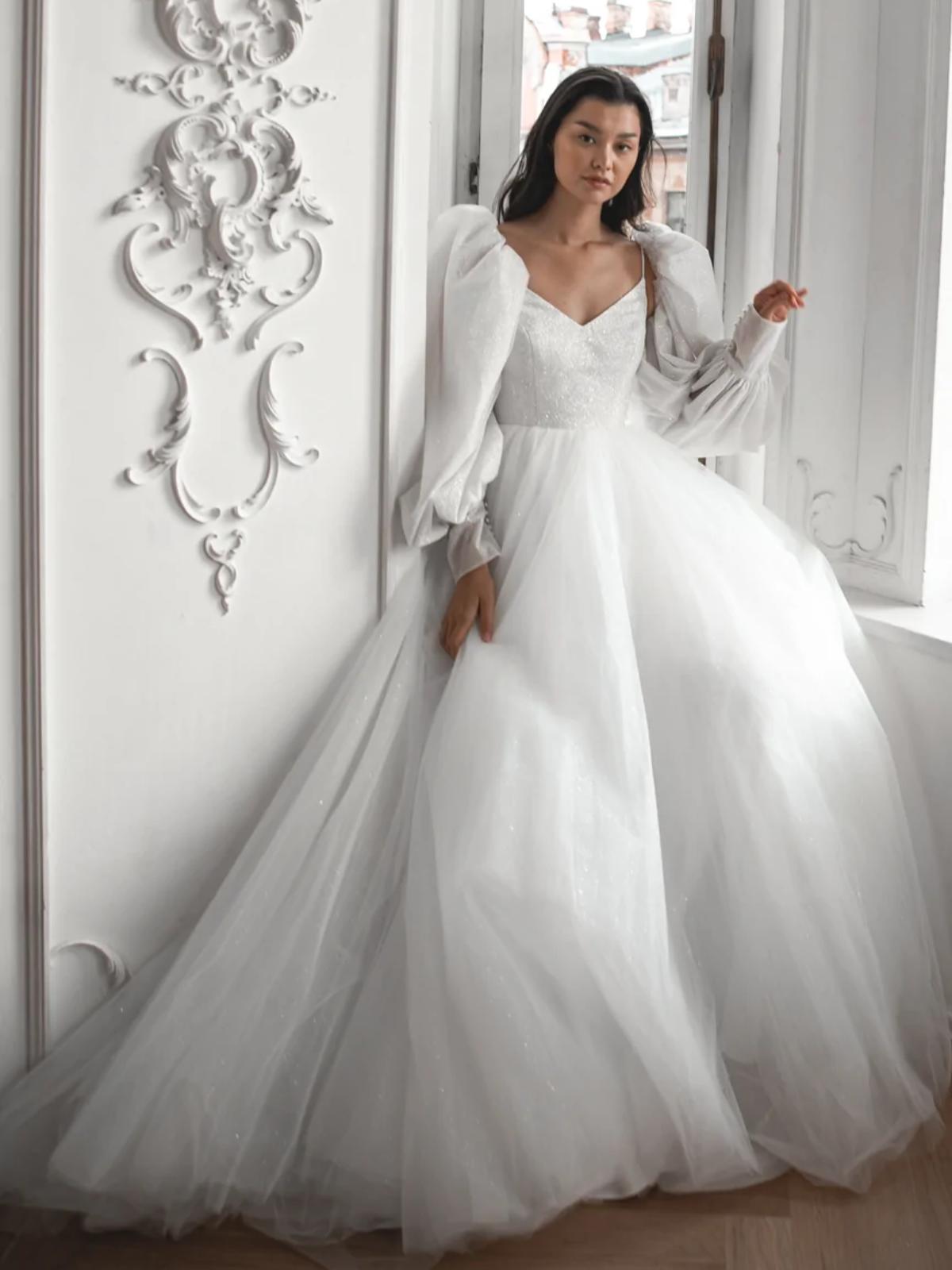 Puffy Sleeves Bridal Gown, Sparkle Wedding Dresses, Gliter Wedding