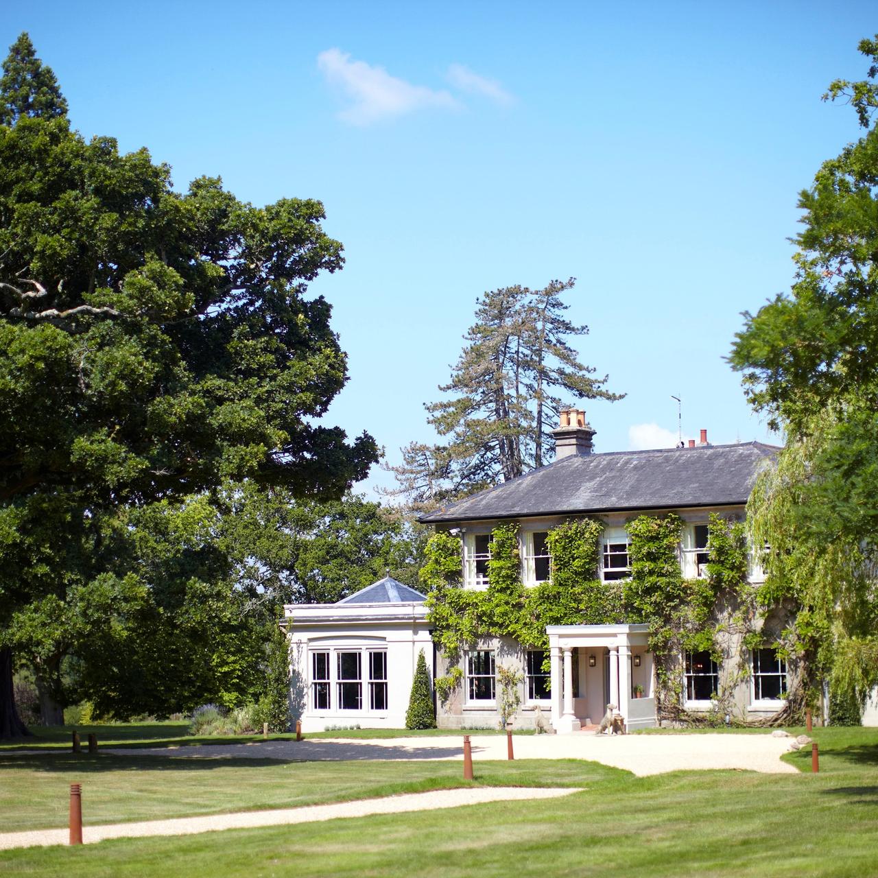 outside view of The Pig Hotel in Hampshire, a countryside hotel covered in Ivy 