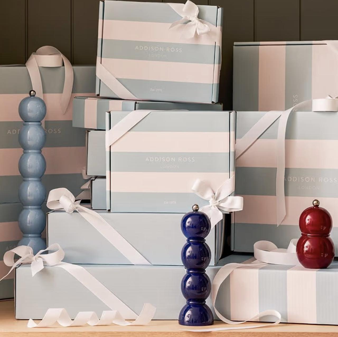 gift wrapped blue boxes of salt and pepper mills from Addison Ross