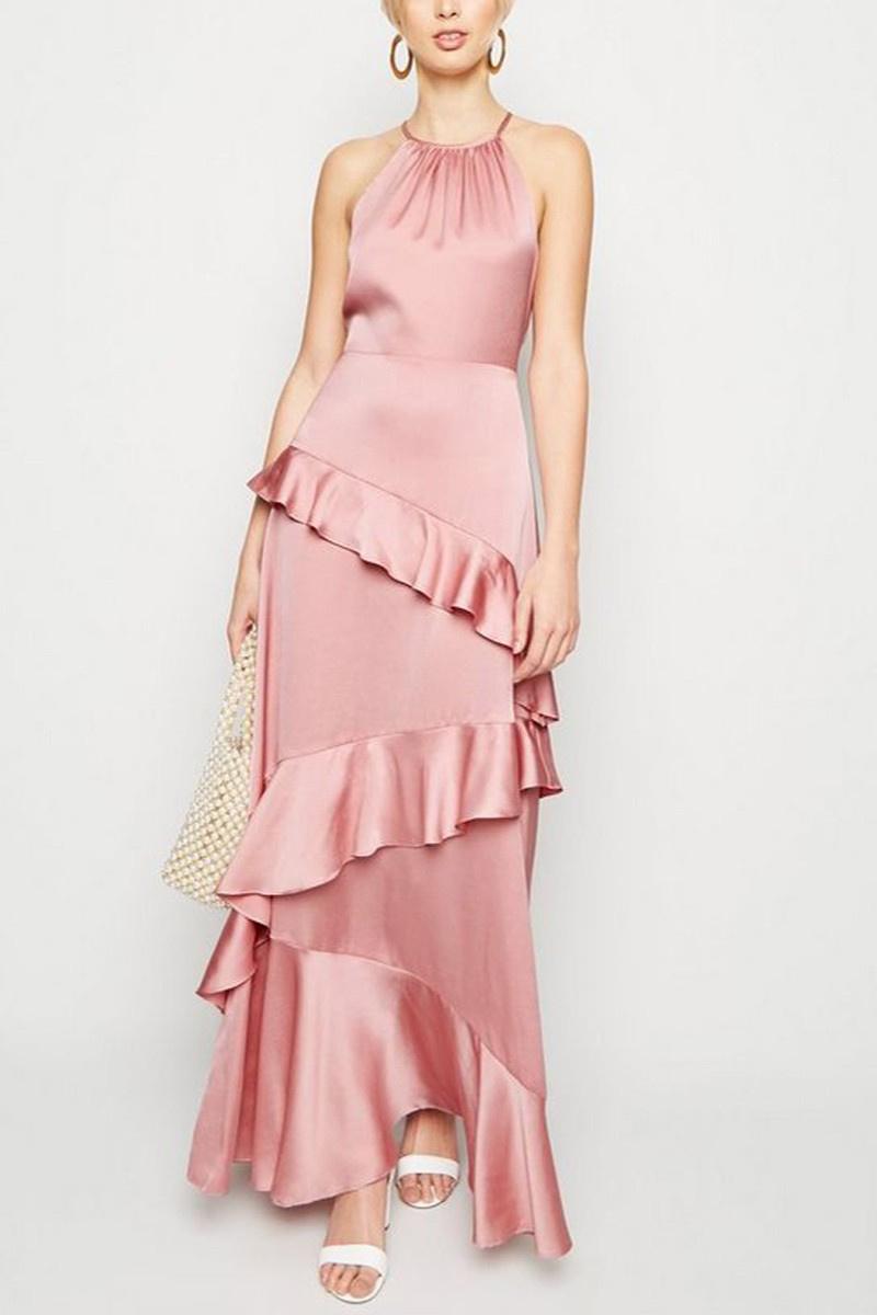 Satin Ruffle-Trim Maxi Dress